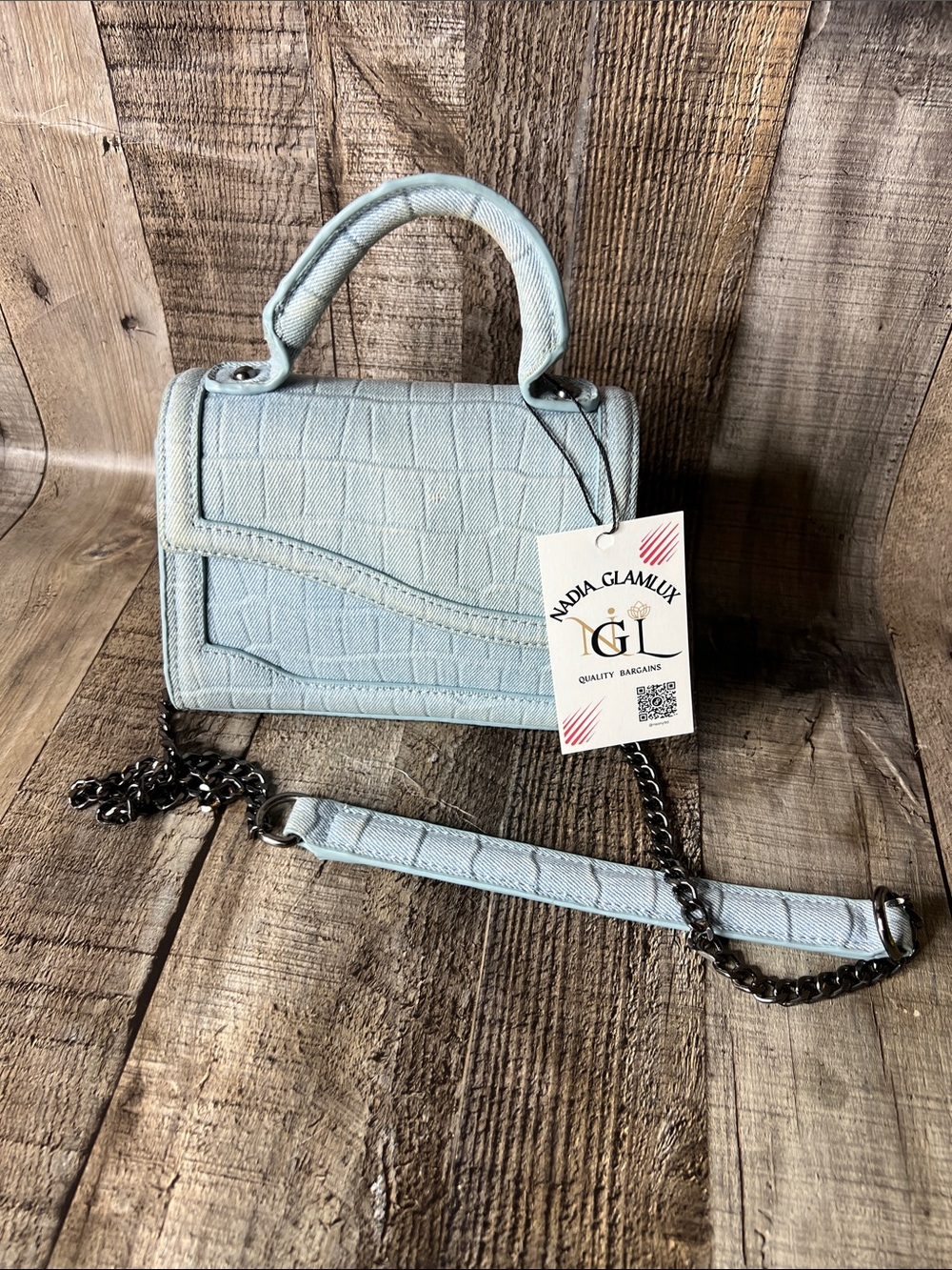 Zara Light Blue Croc-Embossed Denim Top Handle Crossbody